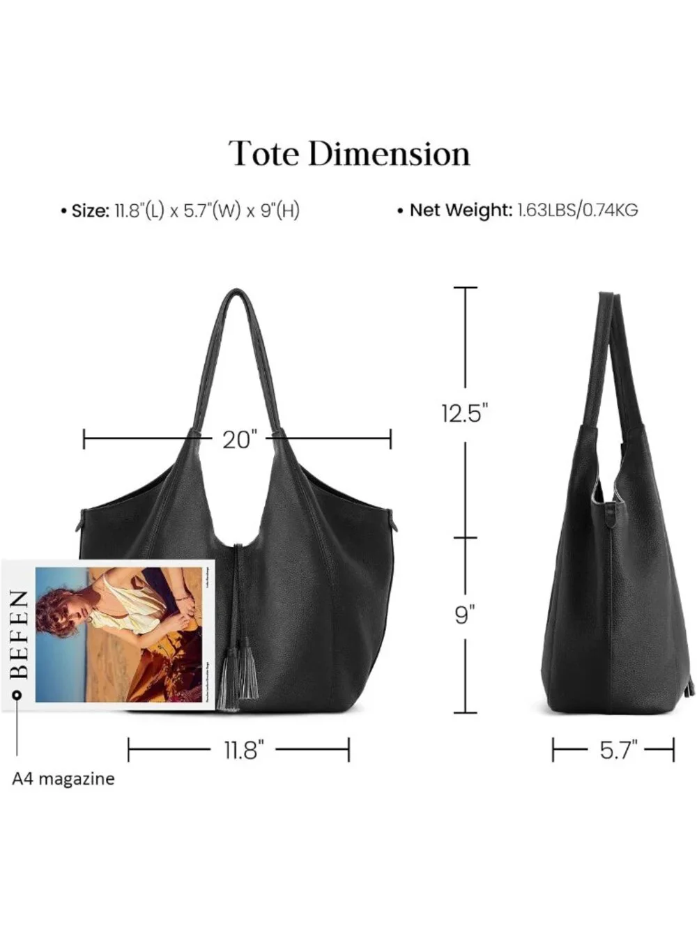 Soft Genuine Leather Slouchy Tote Hobo Bag | 2-in-1 Travel Purse, Boho Handbag